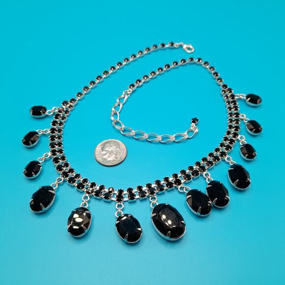 Vintage Style Black Rhinestone Dangle Necklace, Silver Tone, 18 1/2 Inches - Picture 9 of 10